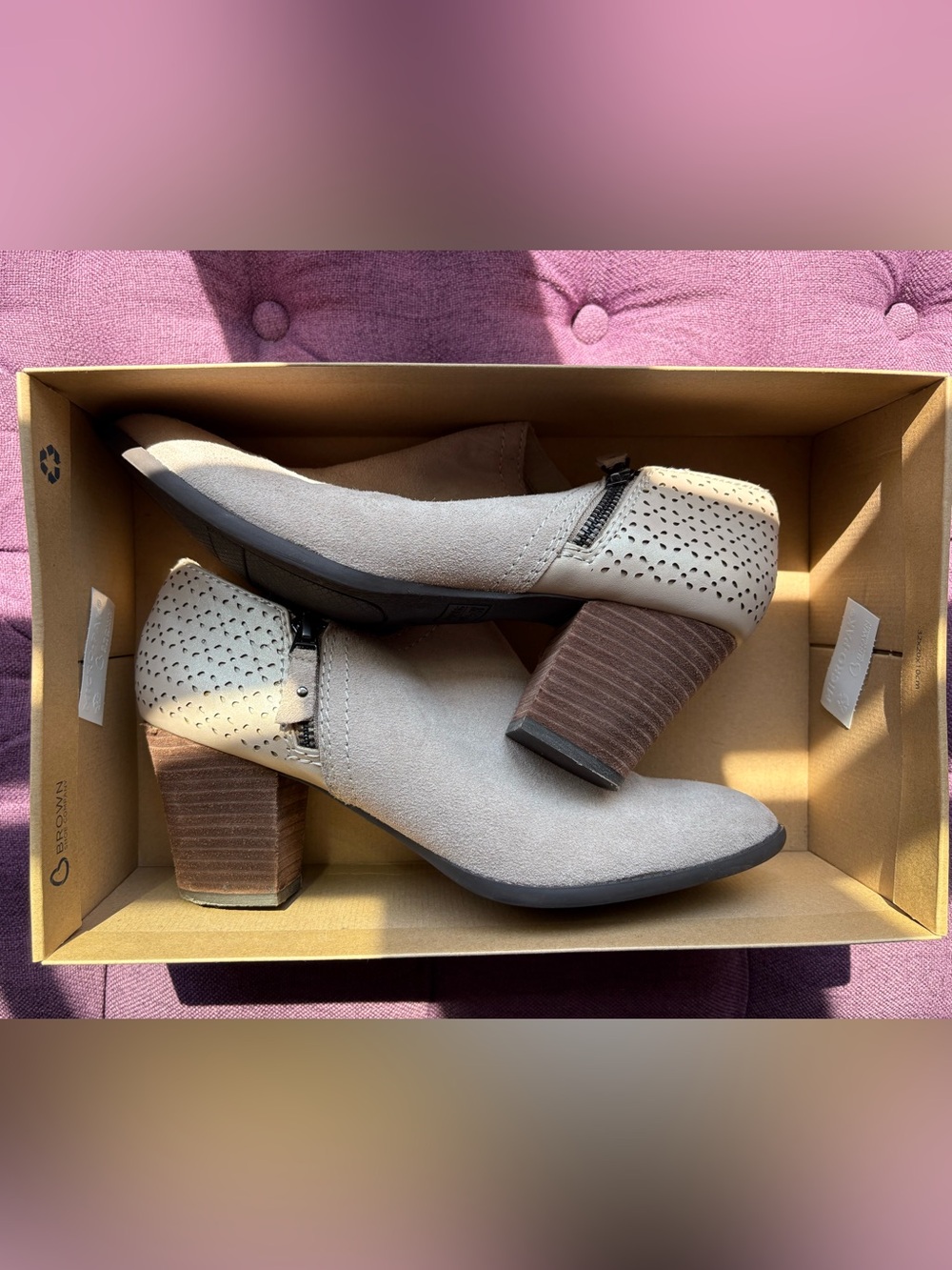 Dr. Scholl's Taupe Suede Block Heel Zip Ankle Booties